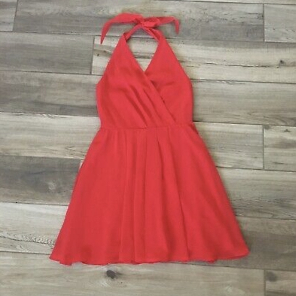 Bebe cocktail halter flare skate dress red orange chiffon silk
